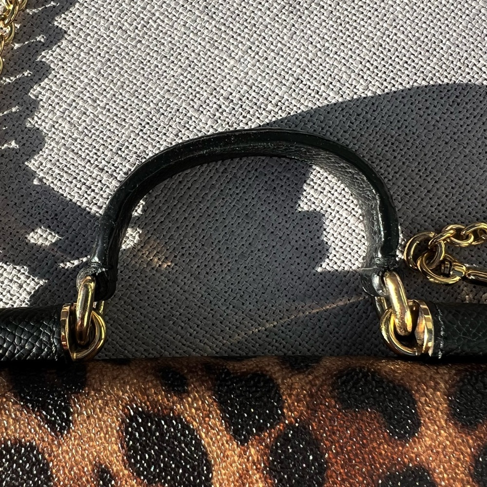 DOLCE GABBANA Dauphine Leopard Print Mini Miss Sicily Chain Wallet Brown Black - Picture 5 of 11